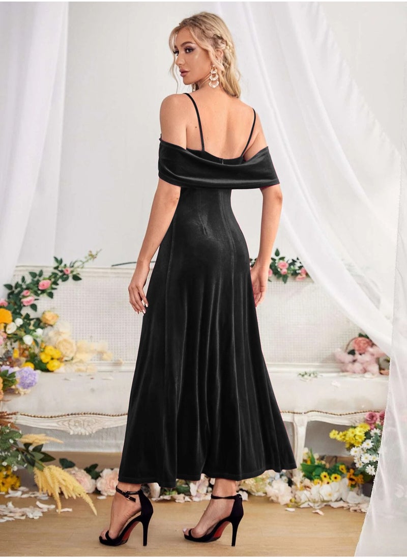 roaiss - Women Evening Party Suspender Dress Off Shoulder Strap Design and High Side Slit  Mid-Rise Detail on the Hem for a Stylish and Elegant Look Waist Cinching Design to Highlight Body Curves Women Mid Length  Short Sleeve Dress - Image 1