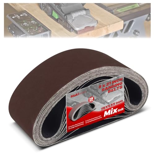 makiwork 3 x 21 Inch 75 x 533 mm Sanding Belts Set - 15-Pack with 80/120/150/240/400 Grits, Aluminum Oxide Abrasive Belts for Woodworking - Image 1