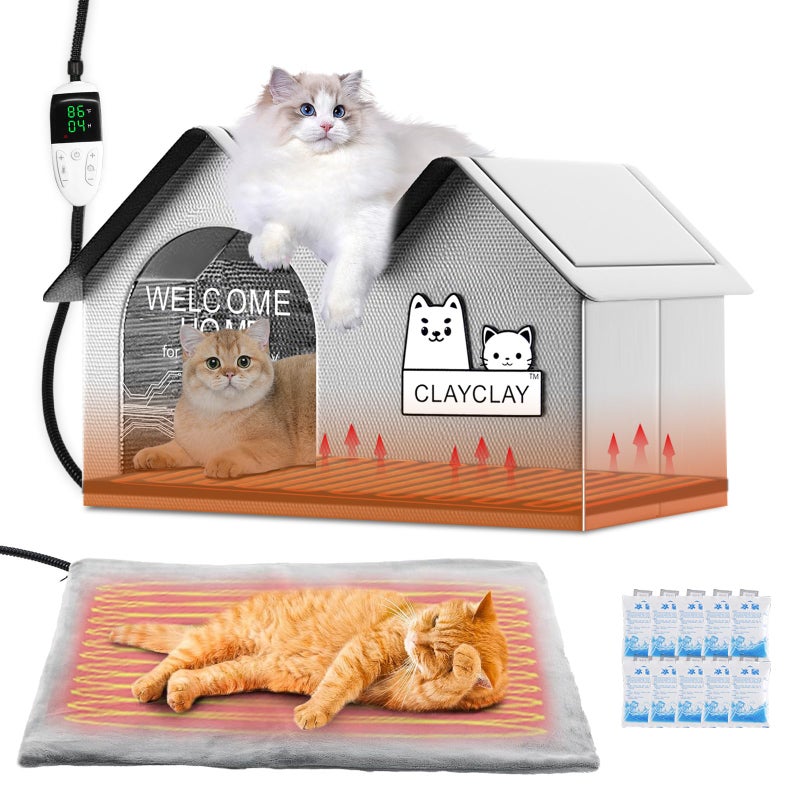 CLAYCLAY Sturdy Heated Cat House for Winter, Waterproof Insulated Outdoor Cat House with Heating Pad,Weatherproof Warm Feral Cats Shelter for Multiple Cats,Suitable for All Seasons(28"D x 17"W x 18"H) - Image 1