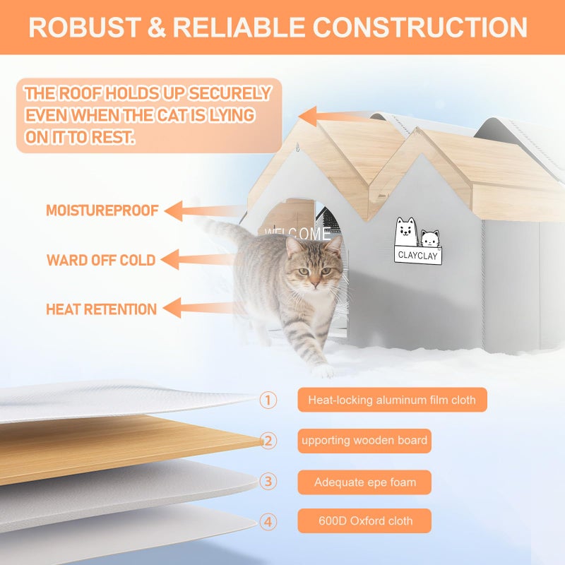 CLAYCLAY Sturdy Heated Cat House for Winter, Waterproof Insulated Outdoor Cat House with Heating Pad,Weatherproof Warm Feral Cats Shelter for Multiple Cats,Suitable for All Seasons(28"D x 17"W x 18"H) - Image 4