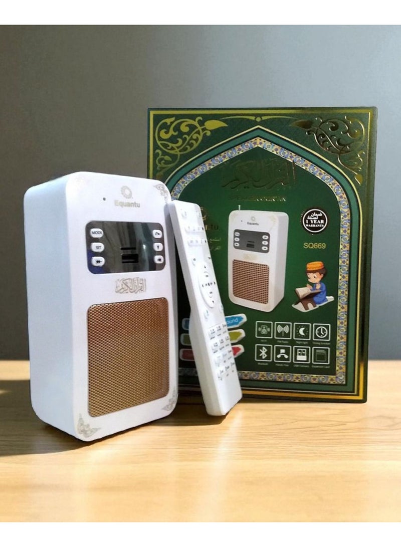 إيكوانتو A speaker device for the entire Holy Quran. The device is a smart electrical plug that is placed in the multi-function electrical outlet. It is operated either by clicking on the device, or by the attached remote control, or from an application on the phone. You can choose the voice of the reciter from 16 reciters and translate the Quran into 16 languages. You can control the selection of the surahs or verses in the surah, or operate the device to read the entire Quran or a specific surah. It has an interpretation of the entire Quran in audio, legal ruqyah in audio, Hisn al-Muslim in audio, a night lamp, a timer for the call to prayer and prayer times, and it works with Bluetooth and has a USB port. The device is the best way to teach the Quran and listen to it. - Image 1