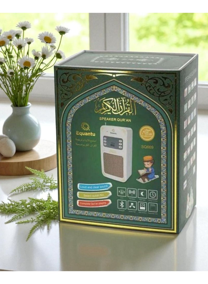 إيكوانتو A speaker device for the entire Holy Quran. The device is a smart electrical plug that is placed in the multi-function electrical outlet. It is operated either by clicking on the device, or by the attached remote control, or from an application on the phone. You can choose the voice of the reciter from 16 reciters and translate the Quran into 16 languages. You can control the selection of the surahs or verses in the surah, or operate the device to read the entire Quran or a specific surah. It has an interpretation of the entire Quran in audio, legal ruqyah in audio, Hisn al-Muslim in audio, a night lamp, a timer for the call to prayer and prayer times, and it works with Bluetooth and has a USB port. The device is the best way to teach the Quran and listen to it. - Image 2