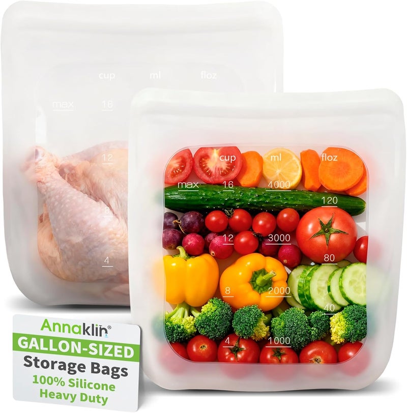 Annaklin 100% Silicone Gallon Freezer Bags, Extra Large Reusable 1 Gallon Silicone Storage Bags Stand-Up Zip-Lock Leakproof for Bulk Food & Large Portions, Freezer Microwave Sous Vide Dishwasher Safe, 2 Pack - Image 1