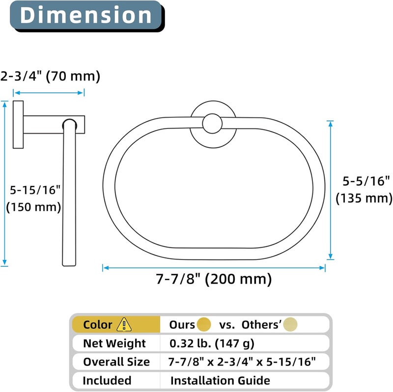 Angle Simple Towel Ring Brassy Gold, SUS 304 Stainless Steel Swivel Hand Towel Holder for Bathroom Wall Mount - Image 2