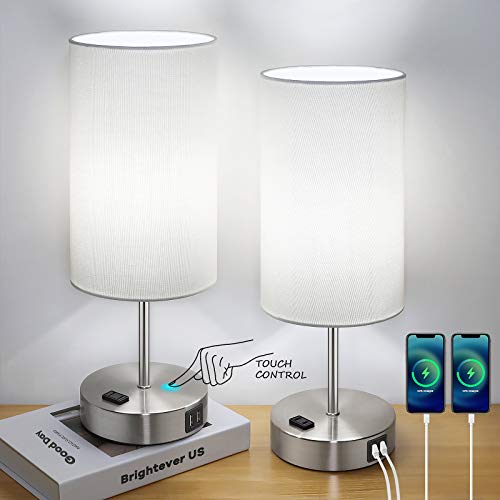 Brightever Set of 2 Touch Control Table Lamps with 2 USB Charging Ports&AC Outlet, 3-Way Dimmable Bedside Nightstand Lamps with White Fabric Lampshade for Reading, Bedroom, Living Room, A19 LED Bulbs Included - Image 1
