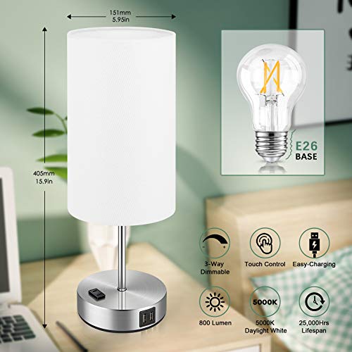 Brightever Set of 2 Touch Control Table Lamps with 2 USB Charging Ports&AC Outlet, 3-Way Dimmable Bedside Nightstand Lamps with White Fabric Lampshade for Reading, Bedroom, Living Room, A19 LED Bulbs Included - Image 3