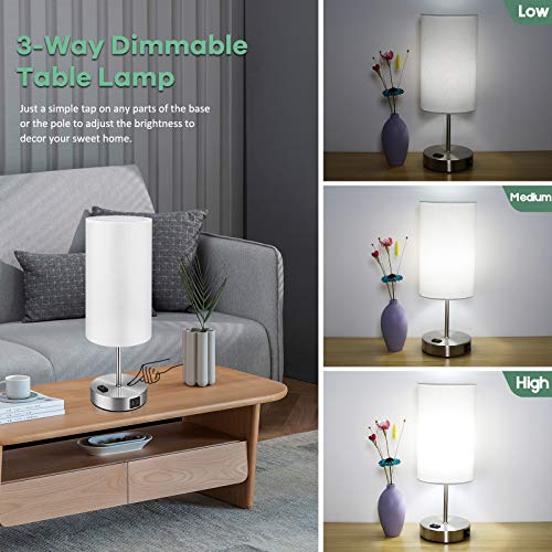 Brightever Set of 2 Touch Control Table Lamps with 2 USB Charging Ports&AC Outlet, 3-Way Dimmable Bedside Nightstand Lamps with White Fabric Lampshade for Reading, Bedroom, Living Room, A19 LED Bulbs Included - Image 5