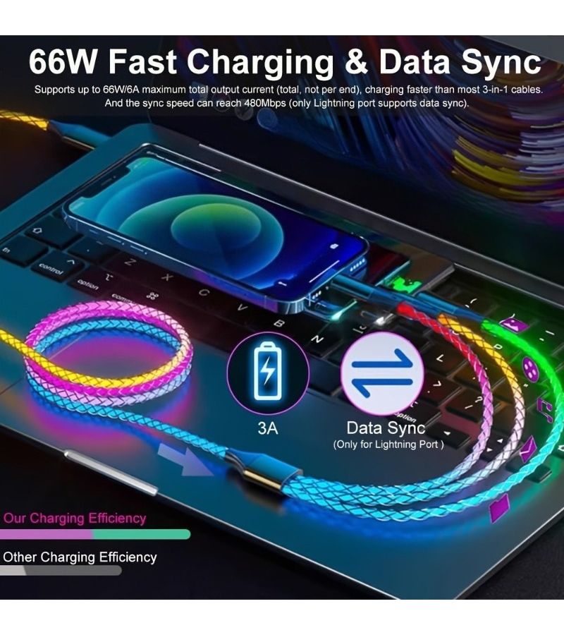 .كابل شحن مضفر 3 في 1 سريع جدًا بقوة 66 واط، ملون، 3 قطع، من USB إلى Type C وLightning وMicro - Image 4