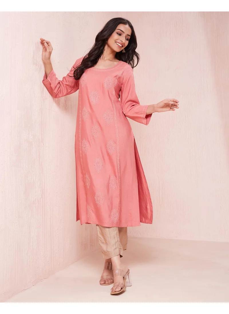 فاب انديا Pink Viscose Silk Chikankari Long Kurta