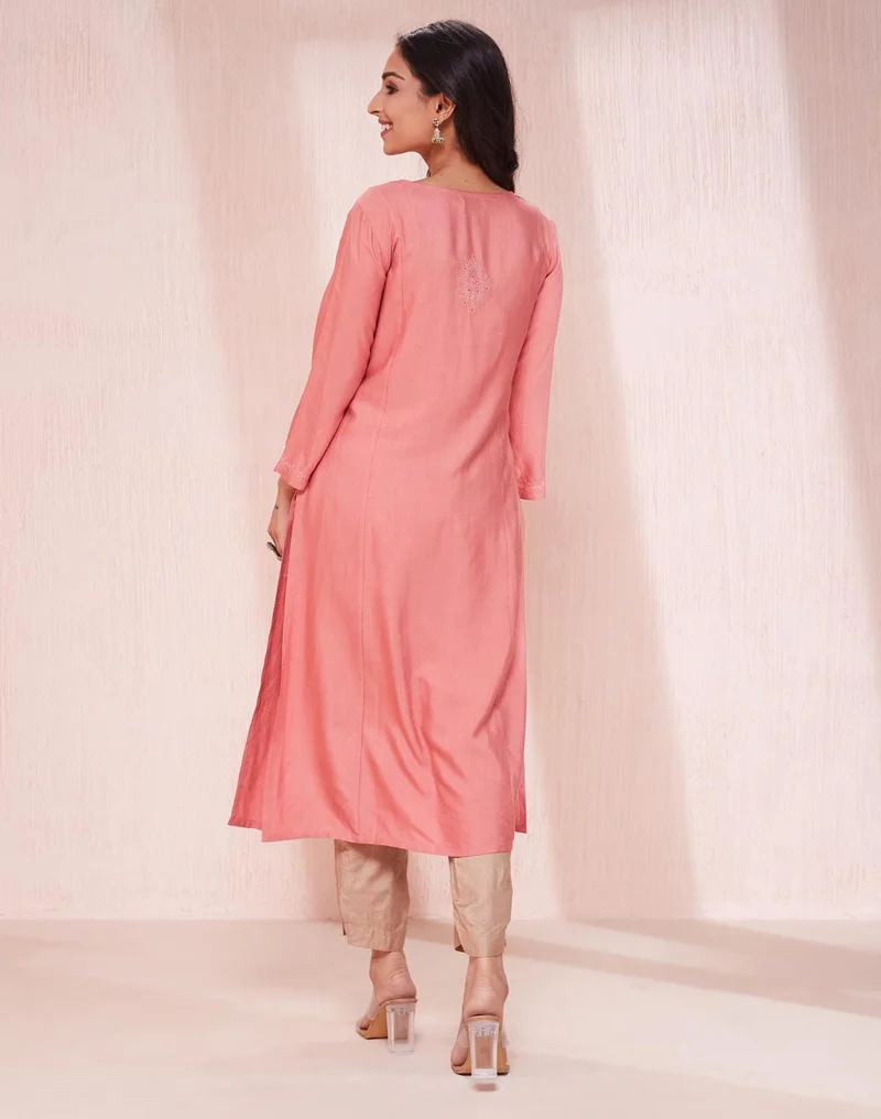 Fabindia Pink Viscose Silk Chikankari Long Kurta