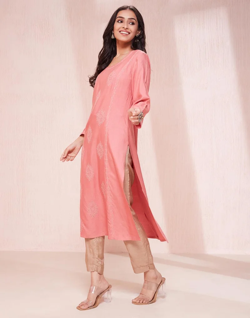 Fabindia Pink Viscose Silk Chikankari Long Kurta