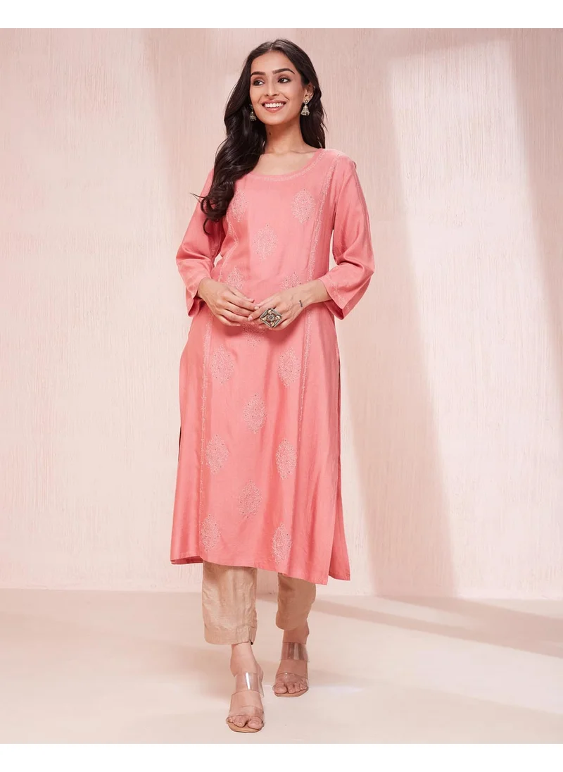 فاب انديا Pink Viscose Silk Chikankari Long Kurta