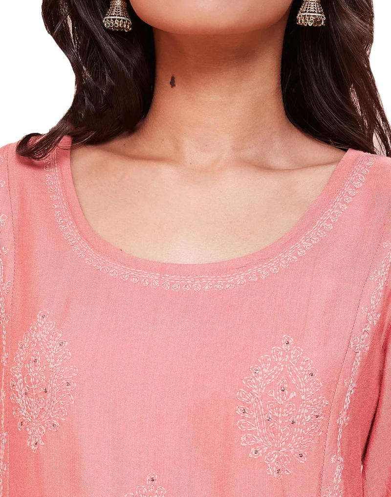 Fabindia Pink Viscose Silk Chikankari Long Kurta