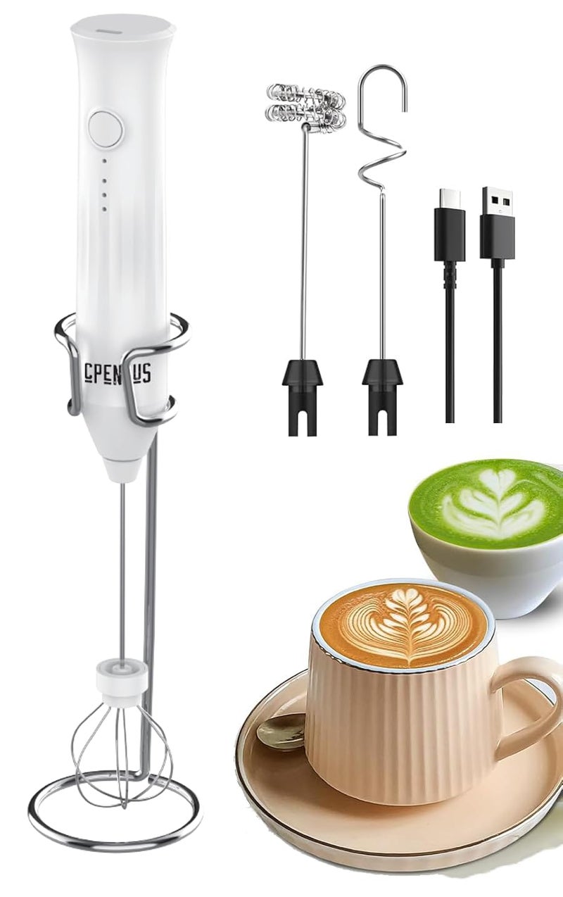 CPENSUS Coffee frother Electric with 3 Whisker & Stand 3-Speed Adjustable 1100mAh Battery Milk Blender Beater Handheld Foam Maker Mixer Gift 11000 RPM Lattes Cappuccino (4 in 1 White) - Image 1