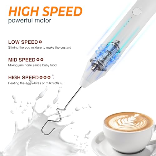 CPENSUS Coffee frother Electric with 3 Whisker & Stand 3-Speed Adjustable 1100mAh Battery Milk Blender Beater Handheld Foam Maker Mixer Gift 11000 RPM Lattes Cappuccino (4 in 1 White) - Image 3
