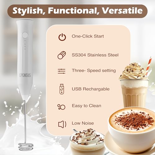 CPENSUS Coffee frother Electric with 3 Whisker & Stand 3-Speed Adjustable 1100mAh Battery Milk Blender Beater Handheld Foam Maker Mixer Gift 11000 RPM Lattes Cappuccino (4 in 1 White) - Image 5