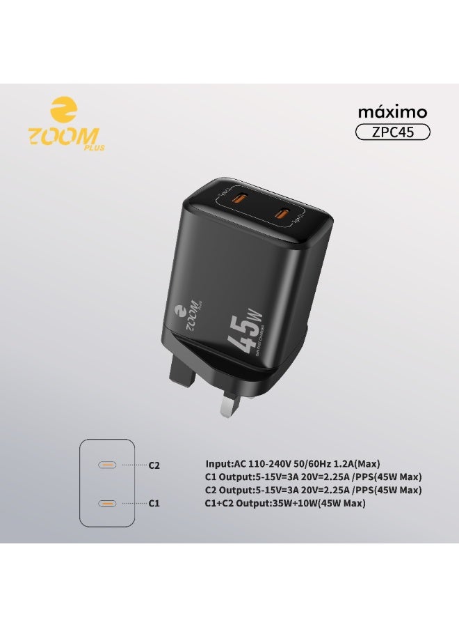 ZOOM PLUS ZPC45 Máximo 45W GaN Fast Charger – Dual USB-C Type-C Ports, Ultra Compact Smart Charger with Fast Charging Technology for iPhone, Samsung, Tablets, Laptops & More - Image 3