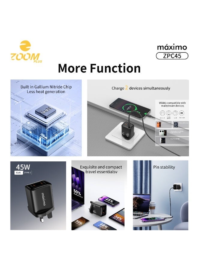 ZOOM PLUS ZPC45 Máximo 45W GaN Fast Charger – Dual USB-C Type-C Ports, Ultra Compact Smart Charger with Fast Charging Technology for iPhone, Samsung, Tablets, Laptops & More - Image 2
