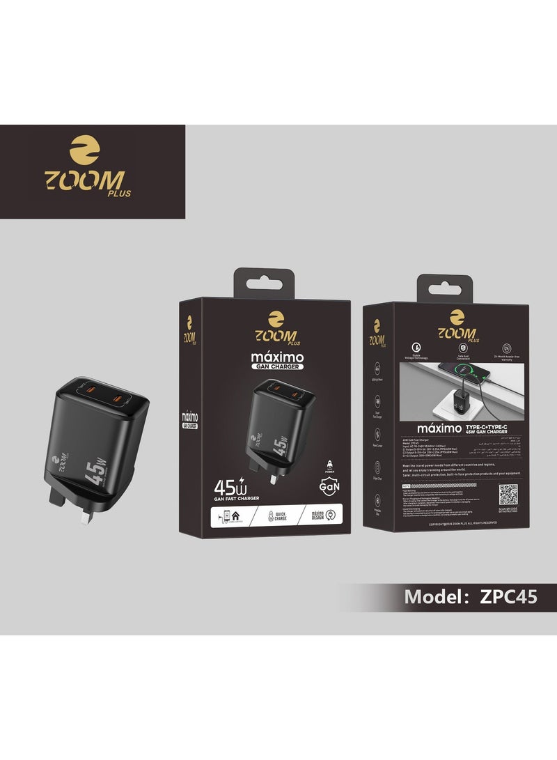 ZOOM PLUS ZPC45 Máximo 45W GaN Fast Charger – Dual USB-C Type-C Ports, Ultra Compact Smart Charger with Fast Charging Technology for iPhone, Samsung, Tablets, Laptops & More - Image 4
