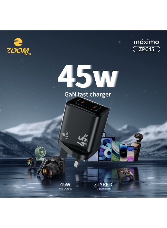 ZOOM PLUS ZPC45 Máximo 45W GaN Fast Charger – Dual USB-C Type-C Ports, Ultra Compact Smart Charger with Fast Charging Technology for iPhone, Samsung, Tablets, Laptops & More - Image 1