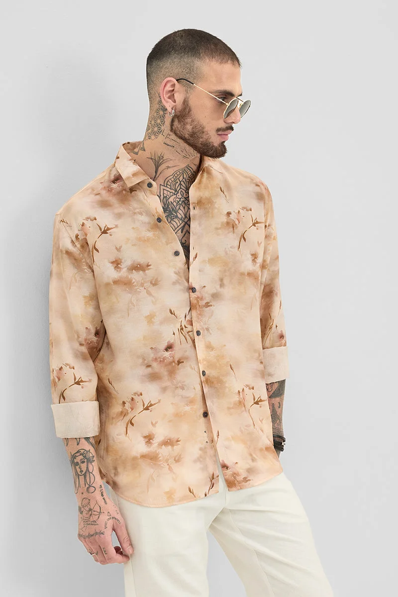 سنيتش Peach Abstract Long Sleeve Slim Fit Casual Shirt