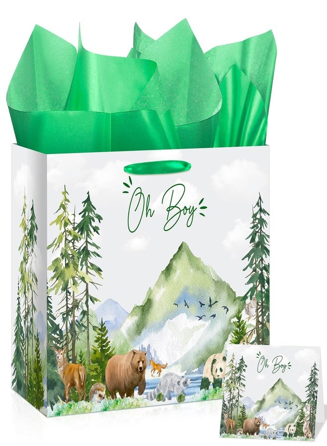 LUUFILx Oh Boy Gift Bags Let The Adventure Begin Awaits Gift Bag with Greeting Card and Tissue Paper Adventure Awaits Decorations Watercolor Greenery Forest Wrapping Paper Bag for Baby Shower Christmas Party - Image 1