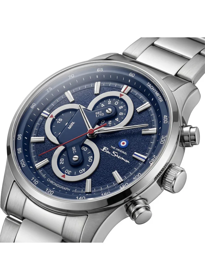 بين شيرمان Brighton Blue Dial Stainless Steel Bracelet Chronograph Watch for Men, 43.5mm