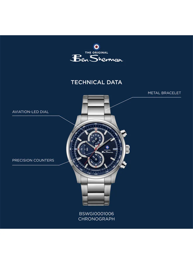 Ben Sherman silver Brighton Blue Dial Stainless Steel Bracelet Chronograph Watch for Men, 43.5mm for Men | Best Price UAE