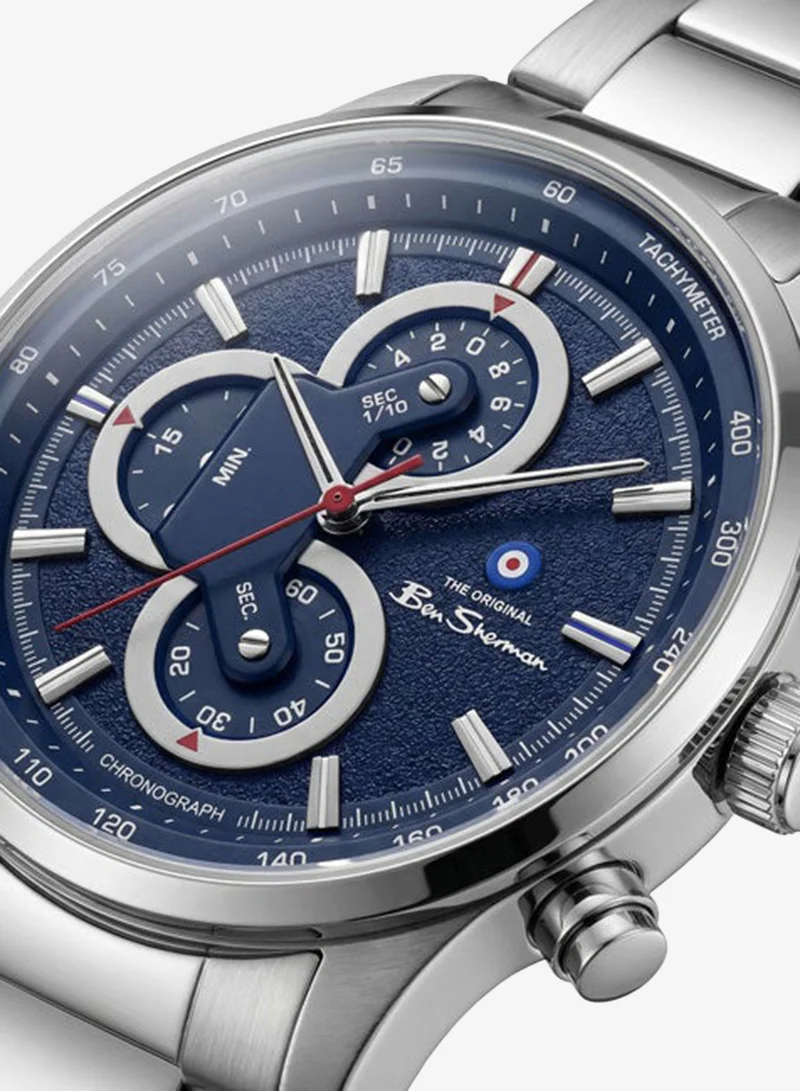 Ben Sherman Brighton Blue Dial Stainless Steel Bracelet Chronograph Watch for Men, 43.5mm