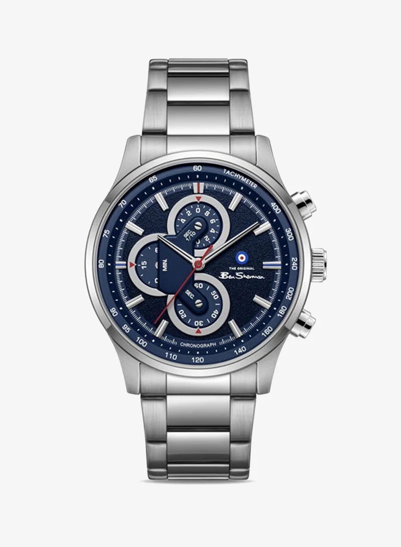 Ben Sherman Brighton Blue Dial Stainless Steel Bracelet Chronograph Watch for Men, 43.5mm