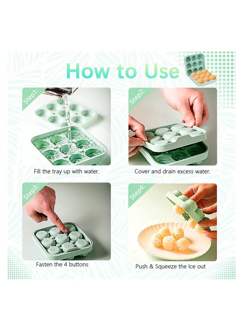 SYOSI قالب مكعبات الثلج على شكل وردة من السيليكون 9 ثقوب، صانع كرات الثلج مع غطاء، صينية مكعبات الثلج الكروية من السيليكون، قالب مكعبات الثلج الكروية، صانع كرات الثلج، وعاء مكعبات الثلج لتبريد الويسكي والكوكتيل والعصير، أخضر - Image 2
