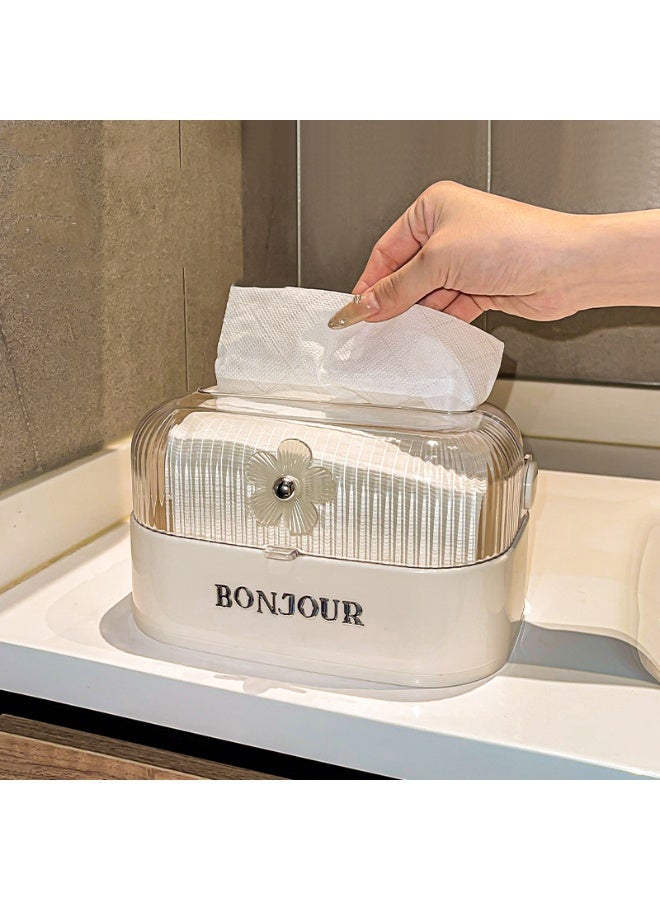 بونجور علبة مناديل فاخرة بتصميم زهري قابلة للفتح من الأعلى، من البلاستيك الأكريليك الشفاف والكريم، لتنظيم المناديل على المكتب أو في الحمام، مربع الشكل، متعددة الاستخدامات، لتخزين ورق التواليت والمنديل، ديكور أنيق للمكتب والمنزل والصالونات - Image 2