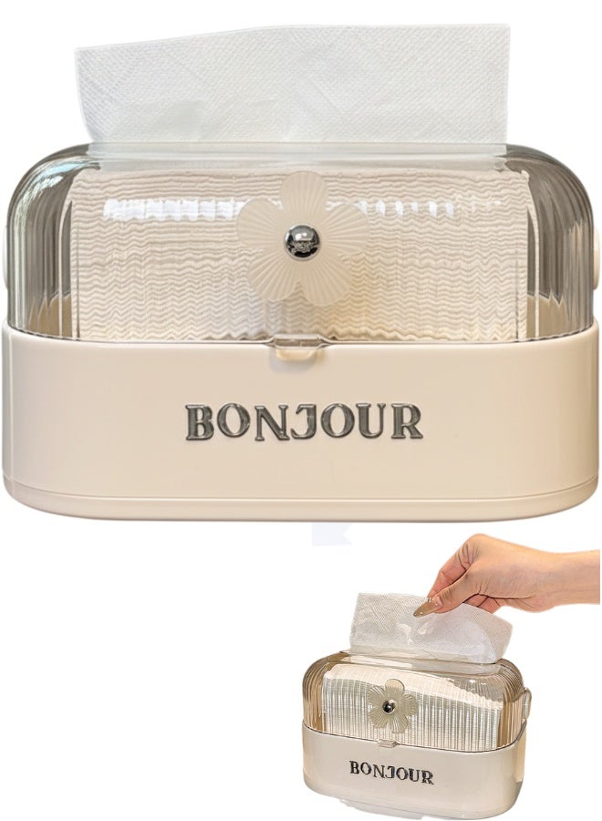 بونجور علبة مناديل فاخرة بتصميم زهري قابلة للفتح من الأعلى، من البلاستيك الأكريليك الشفاف والكريم، لتنظيم المناديل على المكتب أو في الحمام، مربع الشكل، متعددة الاستخدامات، لتخزين ورق التواليت والمنديل، ديكور أنيق للمكتب والمنزل والصالونات - Image 1