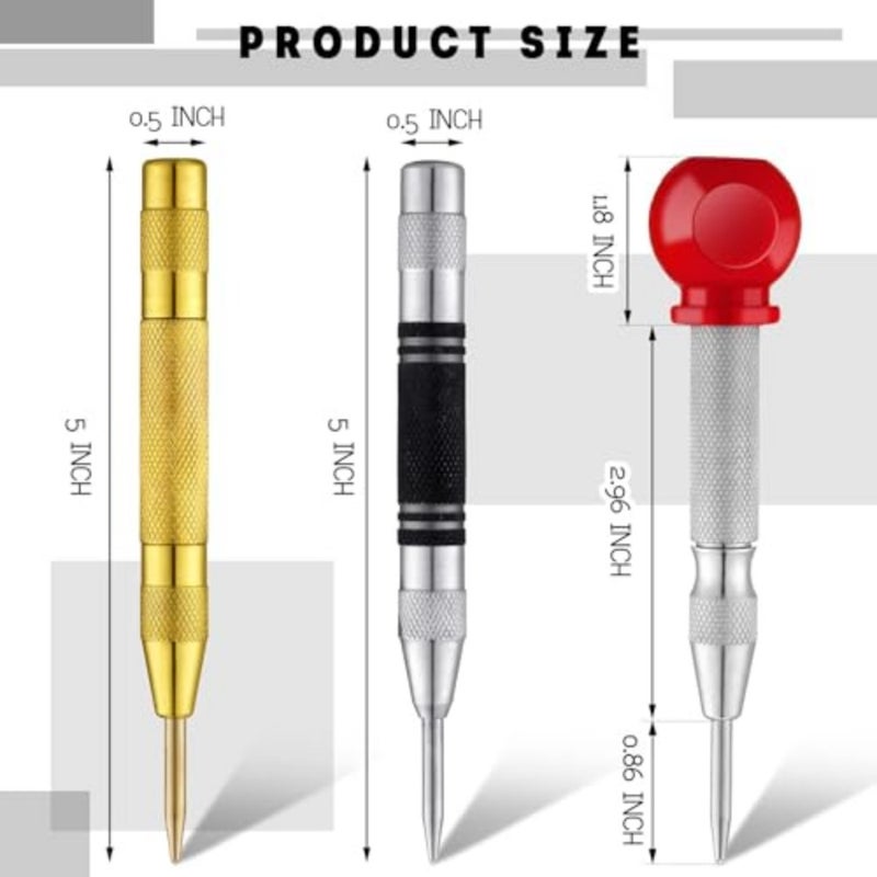 3 Pack Center Punch Spring Loaded Automatic Punch 5 Inches Crushing Hand Tool Center Hole Punch for Wood Metal Awl Puncher with Cushion Cap Adjustable Tension - Image 3