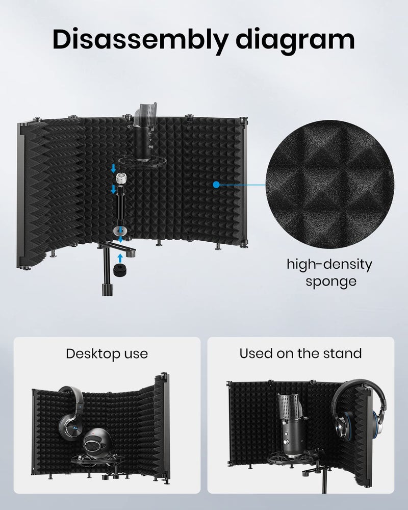 Moukey Microphone Insulation Sound Insulation Sound Shield Isolation, 5 Sides Microphone Sound-Absorbing Foam Reflector for Recording Studio, Podcasts, Vocals and Broadcasting - Image 5
