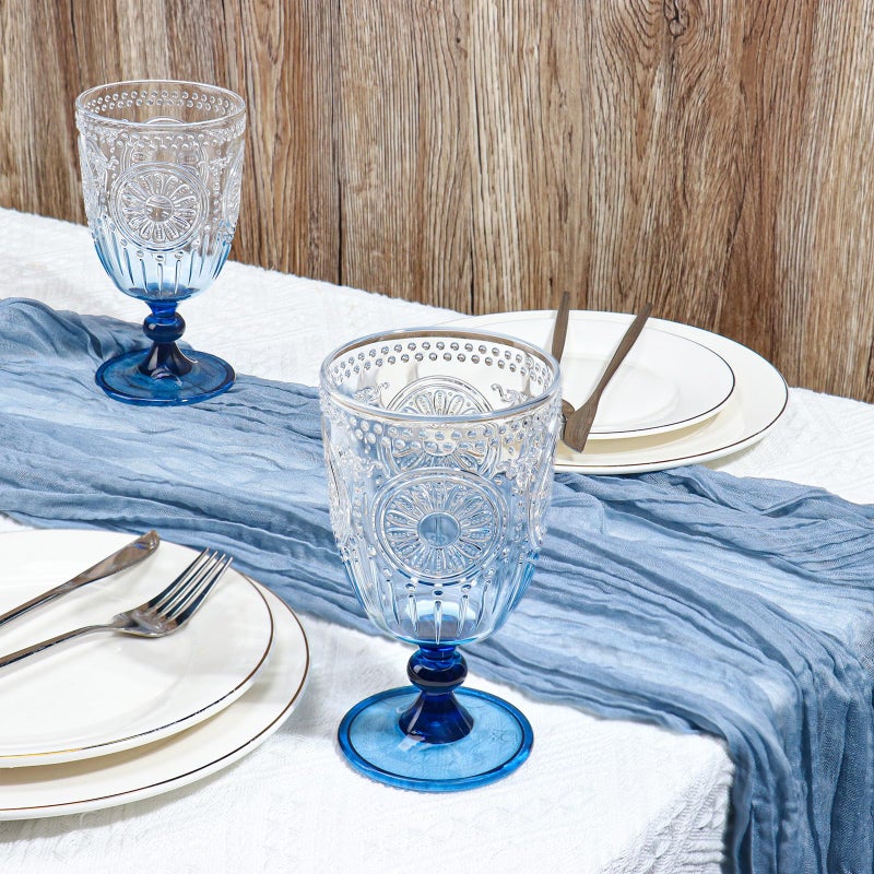 XUWAIDSGN 12Pcs Plastic Vintage Wine Glasses 13.5oz Reusable Embossed Goblet Glasses Blue Gradient Retro Wine Glassware Unbreakable Stemmed Champagne Water Cups for Wine Cocktail Juice Wedding - Image 5