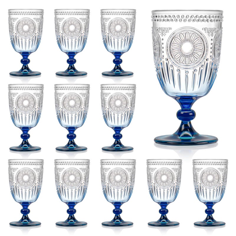 XUWAIDSGN 12Pcs Plastic Vintage Wine Glasses 13.5oz Reusable Embossed Goblet Glasses Blue Gradient Retro Wine Glassware Unbreakable Stemmed Champagne Water Cups for Wine Cocktail Juice Wedding - Image 1