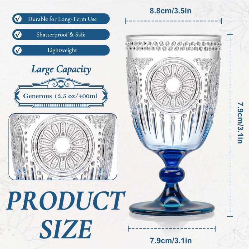 XUWAIDSGN 12Pcs Plastic Vintage Wine Glasses 13.5oz Reusable Embossed Goblet Glasses Blue Gradient Retro Wine Glassware Unbreakable Stemmed Champagne Water Cups for Wine Cocktail Juice Wedding - Image 4