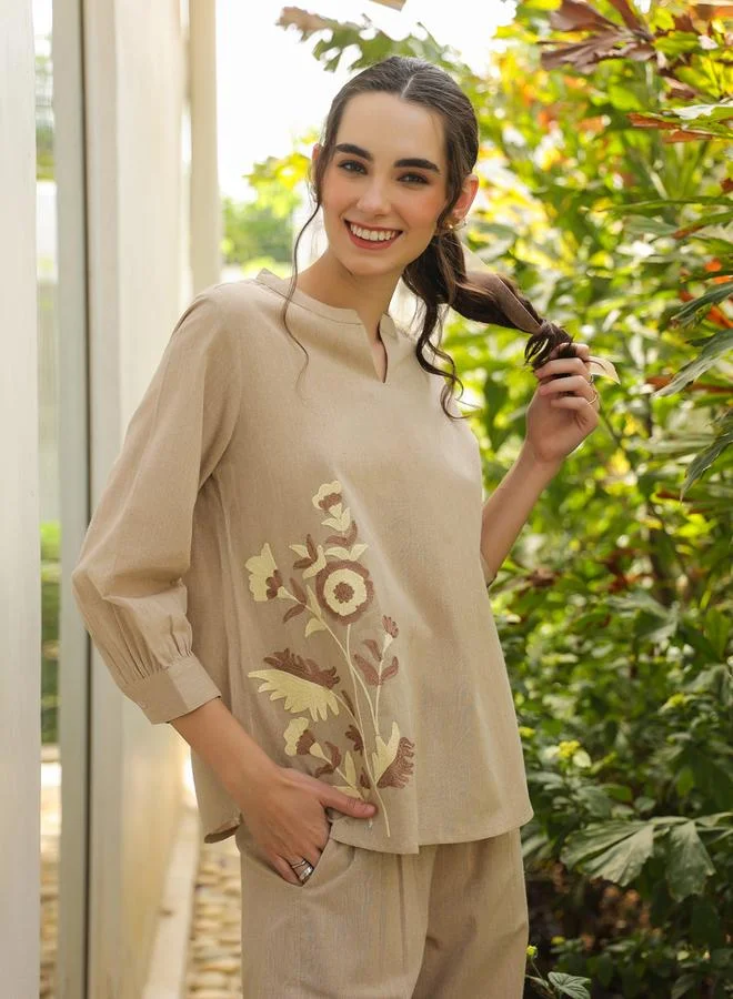 sanskrutihomes Beige Floral Print Cotton Top and Pants Co-ord Set