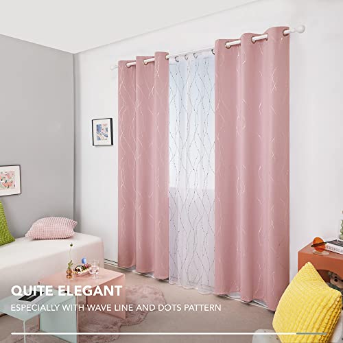 Deconovo Pink Curtains, Blackout Drapes, Thermal Insulated Soundproof Curtain, Silver Wave Dots Print, 42 x 72 Inch Long, Machine Washable Window Panels for Girls Bedroom Living Room Nursery, Set of 2 - Image 3