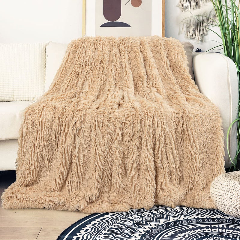 Tuddrom Decorative Extra Soft Faux Fur Blanket Twin Size 70"" x 78"" Solid Reversible Fuzzy Long Hair Shaggy Blanket Fluffy Cozy Plush Fleece Comfy Microfiber Blanket for Couch Sofa Bed Apricot - Image 2