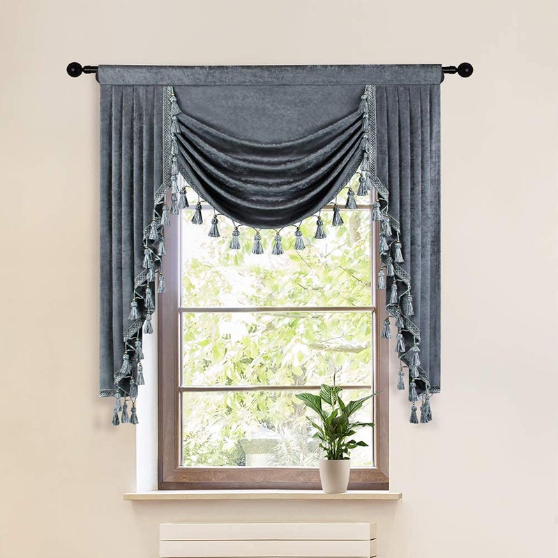 ELKCA Grey Chenille Curtains Valance for Living Room Window Waterfall Valance for Kitchen Rod Pocket W39 Inch 1 Panel