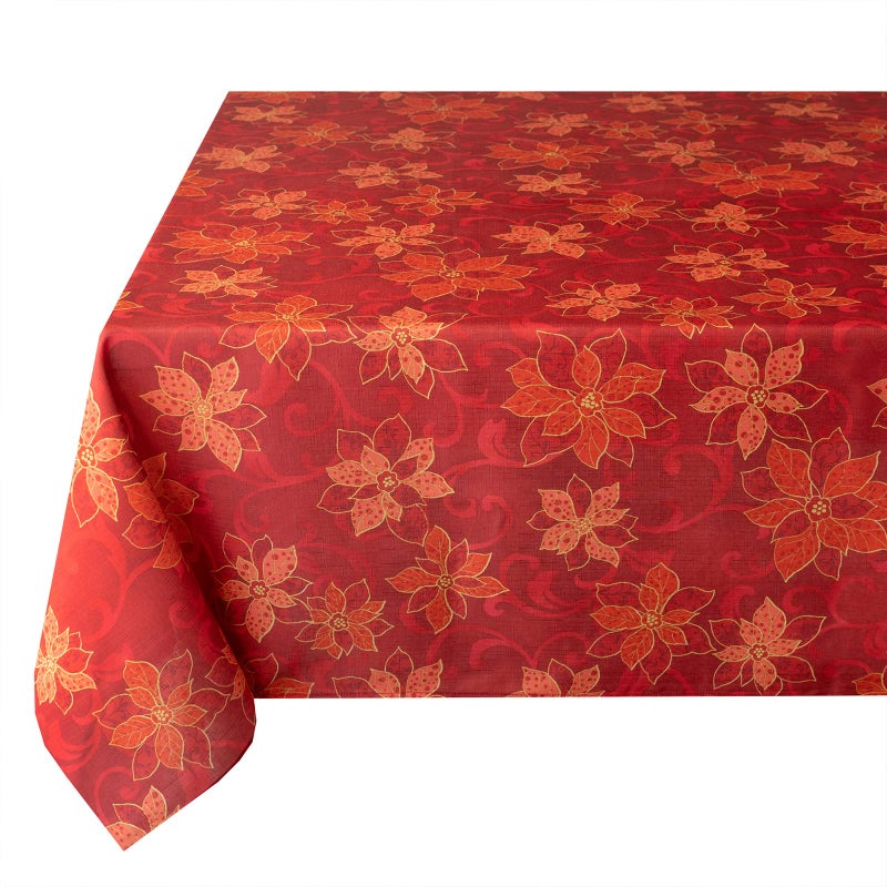 Benson Mills Poinsettia Scroll Printed Rectangle Fabric Table Cloth, Winter, Holiday and Christmas Tablecloth (60" X 104" Rectangular, Red) - Image 1