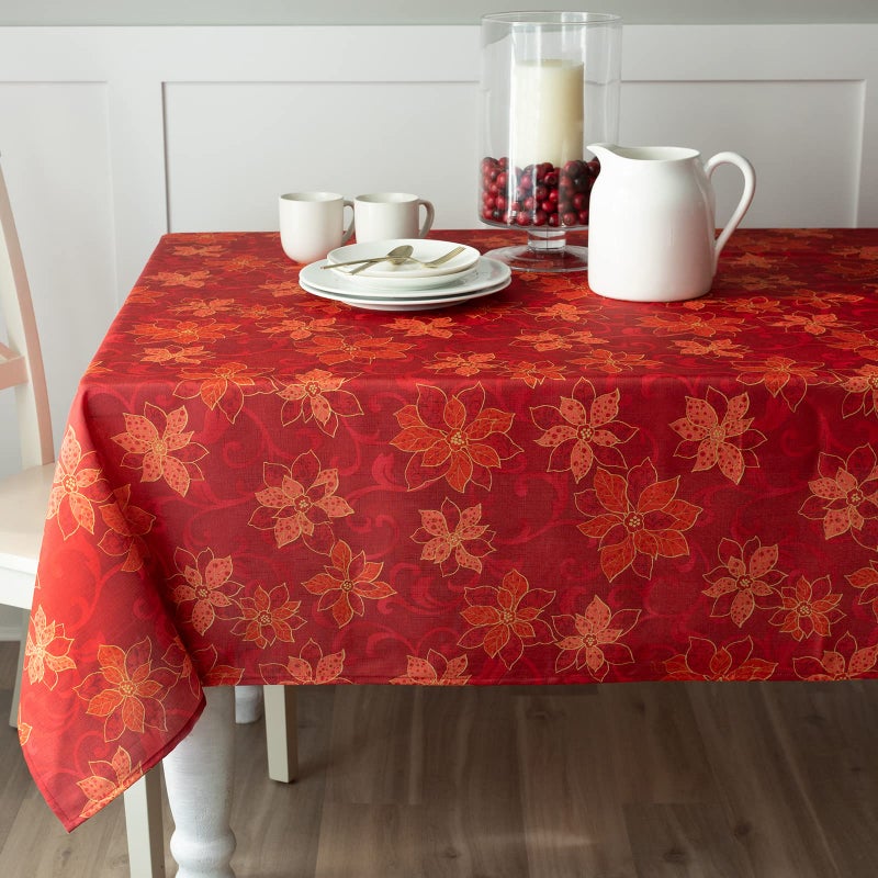 Benson Mills Poinsettia Scroll Printed Rectangle Fabric Table Cloth, Winter, Holiday and Christmas Tablecloth (60" X 104" Rectangular, Red) - Image 3