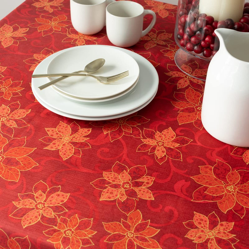 Benson Mills Poinsettia Scroll Printed Rectangle Fabric Table Cloth, Winter, Holiday and Christmas Tablecloth (60" X 104" Rectangular, Red) - Image 4