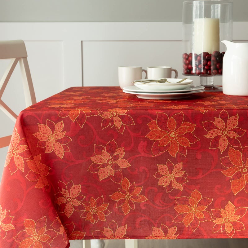 Benson Mills Poinsettia Scroll Printed Rectangle Fabric Table Cloth, Winter, Holiday and Christmas Tablecloth (60" X 104" Rectangular, Red) - Image 2