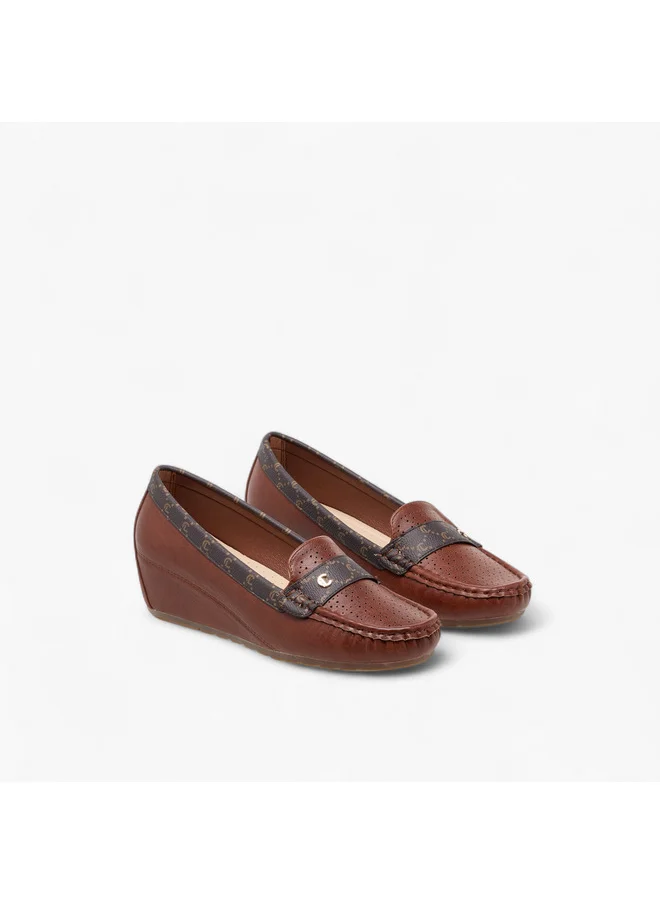 لو كونفورت Women Monogram Print Slip-On Loafers with Wedge Heel