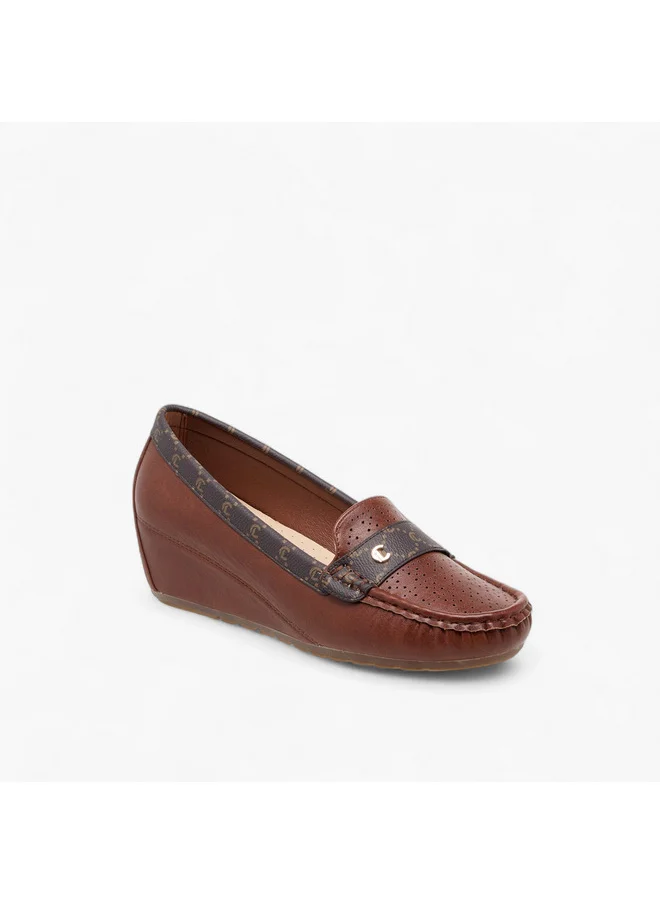 لو كونفورت Women Monogram Print Slip-On Loafers with Wedge Heel