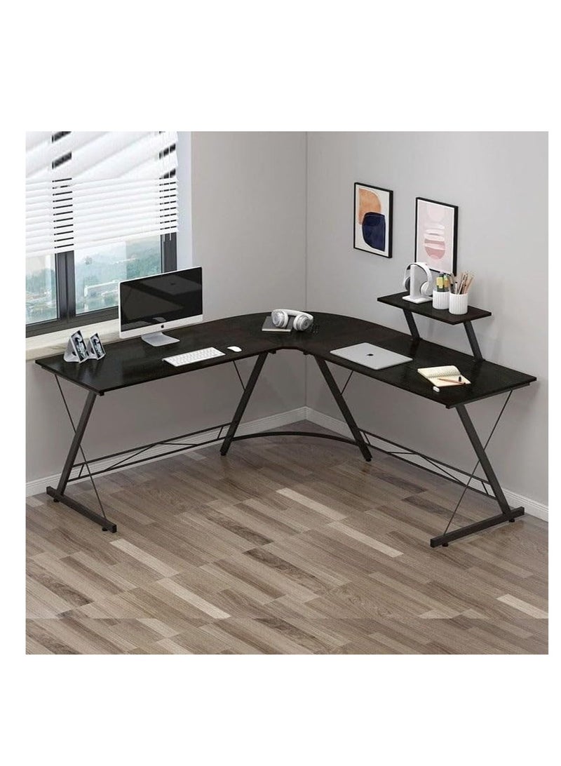 میز کامپیوتر مدرن L شکل برای گیمینگ و دفتر خانگی – Modern L-Shaped Gaming Computer Desk with Monitor Stand, Ergonomic Corner Workstation, MDF + Metal Frame, ضد خش، ضد آب، مونتاژ آسان، ابعاد 258x46x74 سانتی‌متر (مشکی) - Image 1