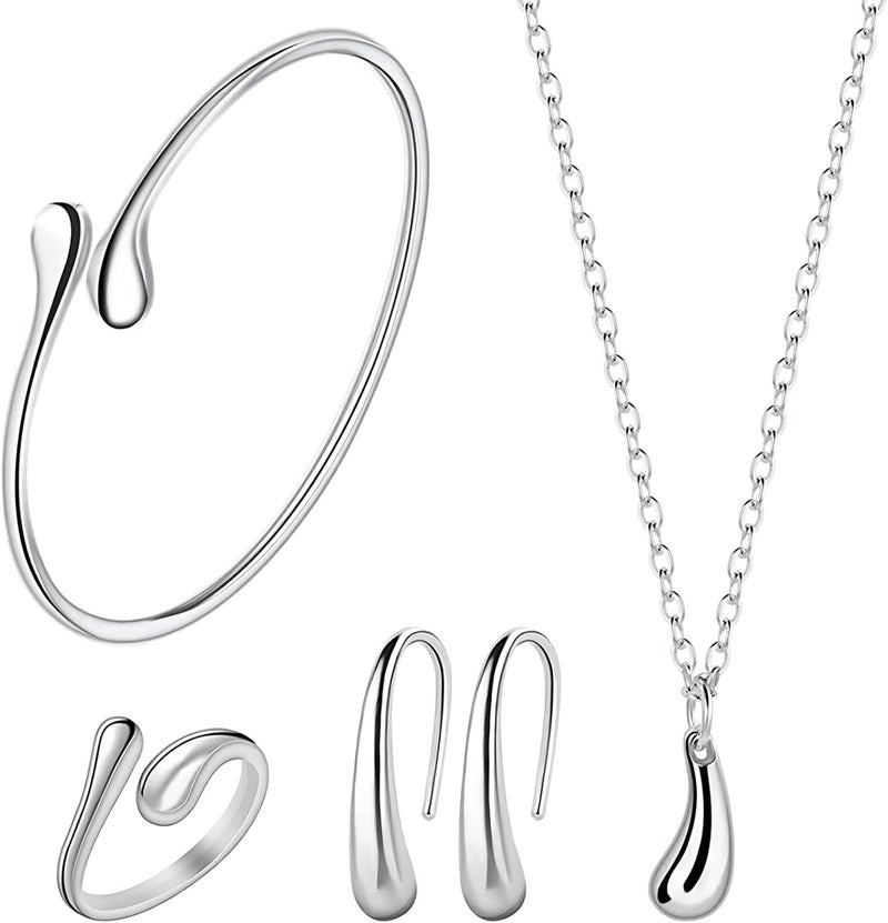 Excefore Jewelry Set for Women, 925 Silver Chain Necklace Bracelet Earrings Ring, Sterling Silver Hi-shiny Tear Drop Design Pendant Jewelry Gifts for Birthday Mother's Day Valentine’s Day, Girl Wife Friend - Image 1